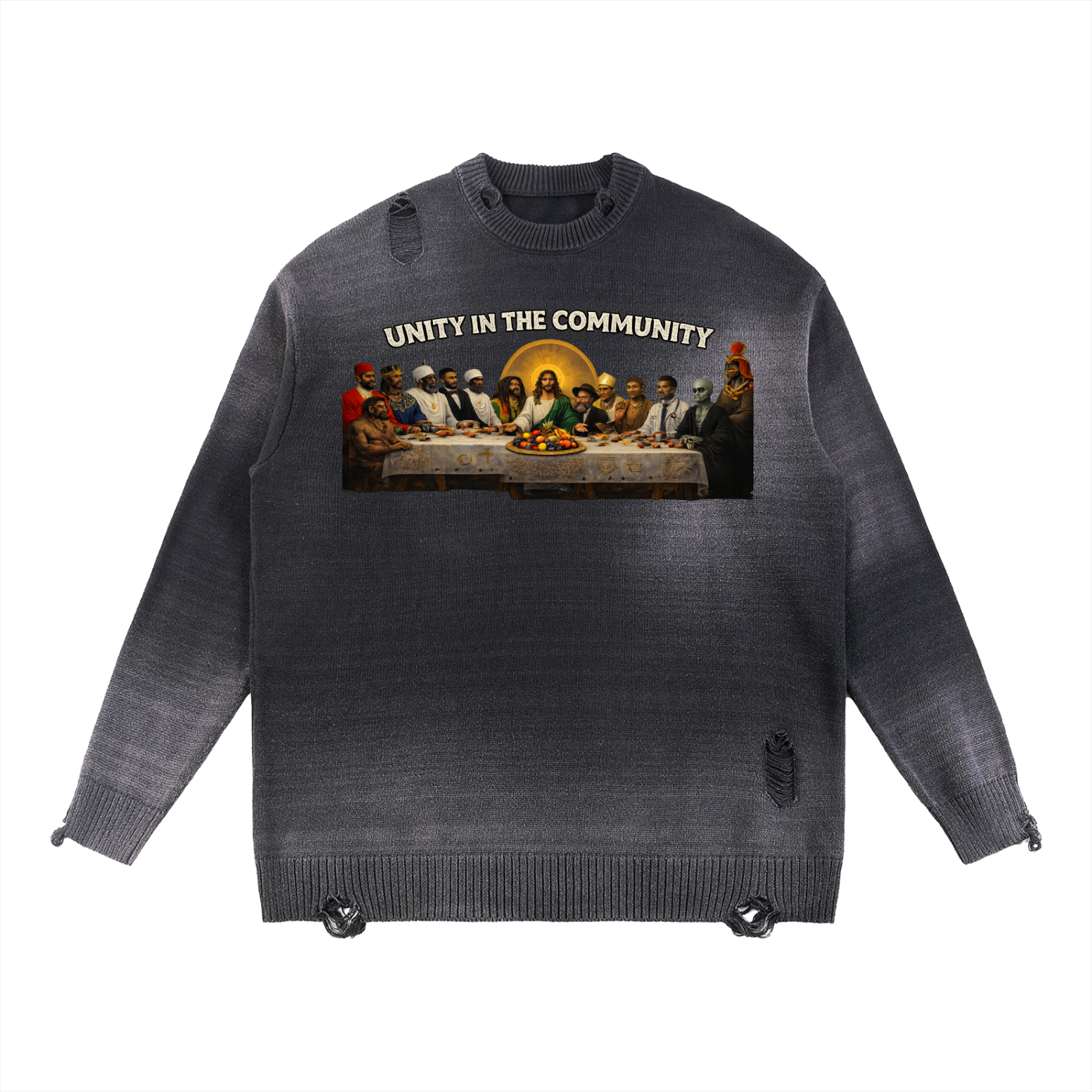 Unity In The Community Sun Fade Distressed Ripped Crewneck sweater